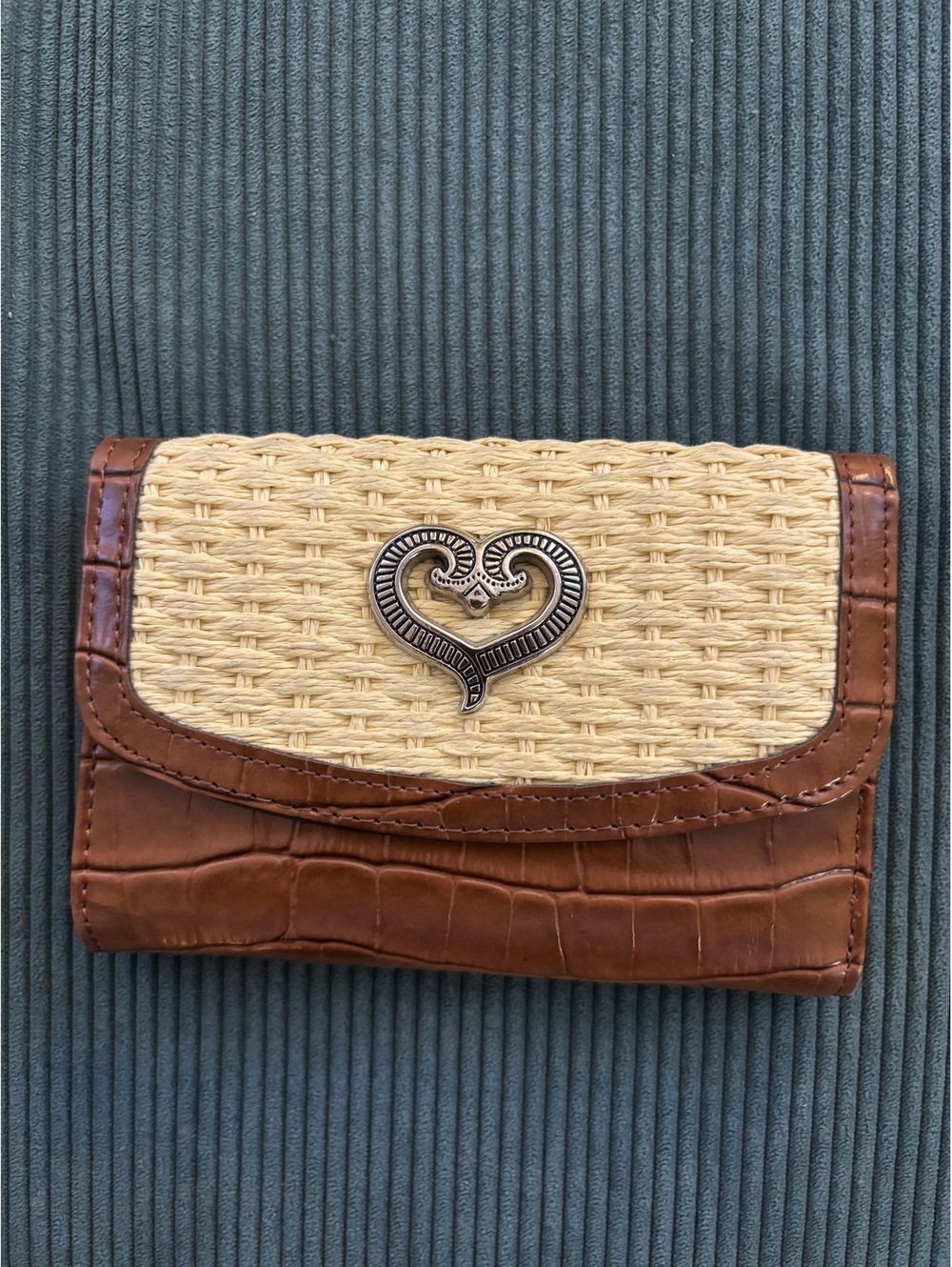 Brighton Crocodile Embossed Leather and Woven Straw Trifold Wallet